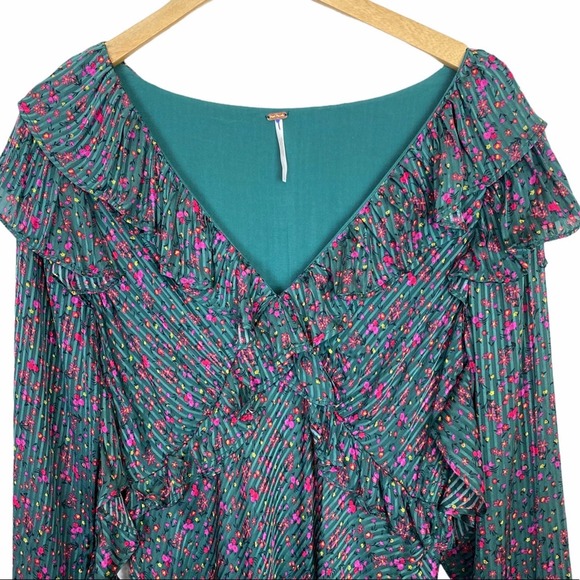 Free People Dark Teal Floral Ruffle Mini Dress - Picture 3 of 7
